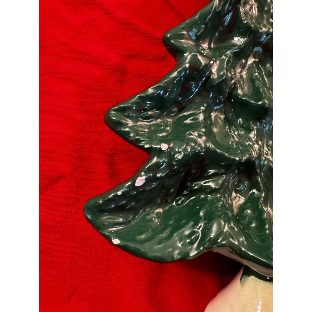 Vintage Ceramic Christmas Tree Serving Platter Green Holiday Dish Holly Base